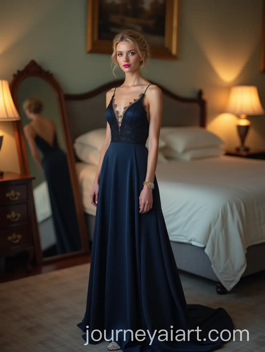 Sophisticated-Young-Woman-in-Midnight-Blue-Silk-Dress-with-Braided-Chignon-in-Elegant-Bedroom
