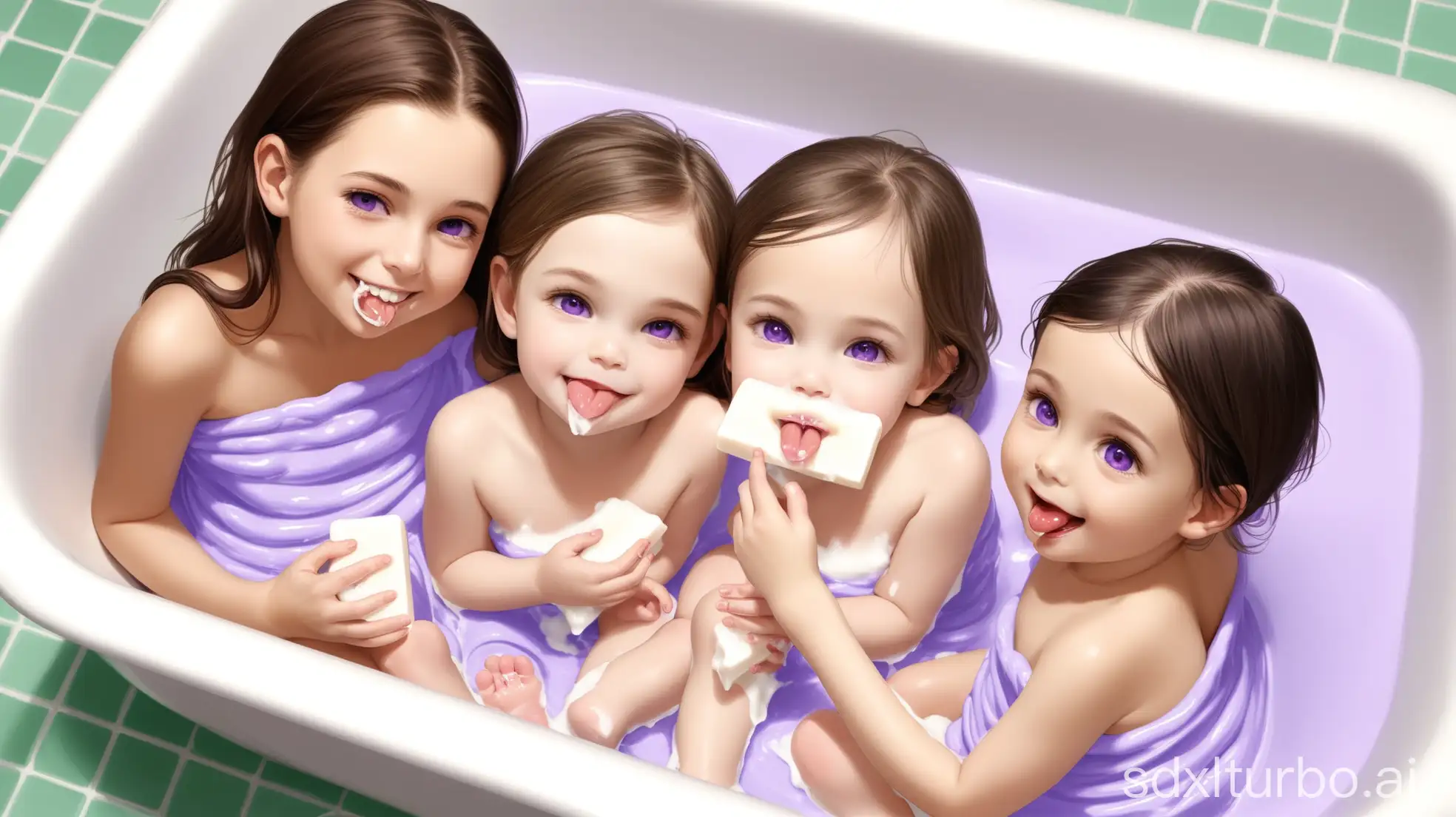 Adorable-Sisters-and-Babysitter-Sharing-Bathtub-Playtime-with-Soap-Licking