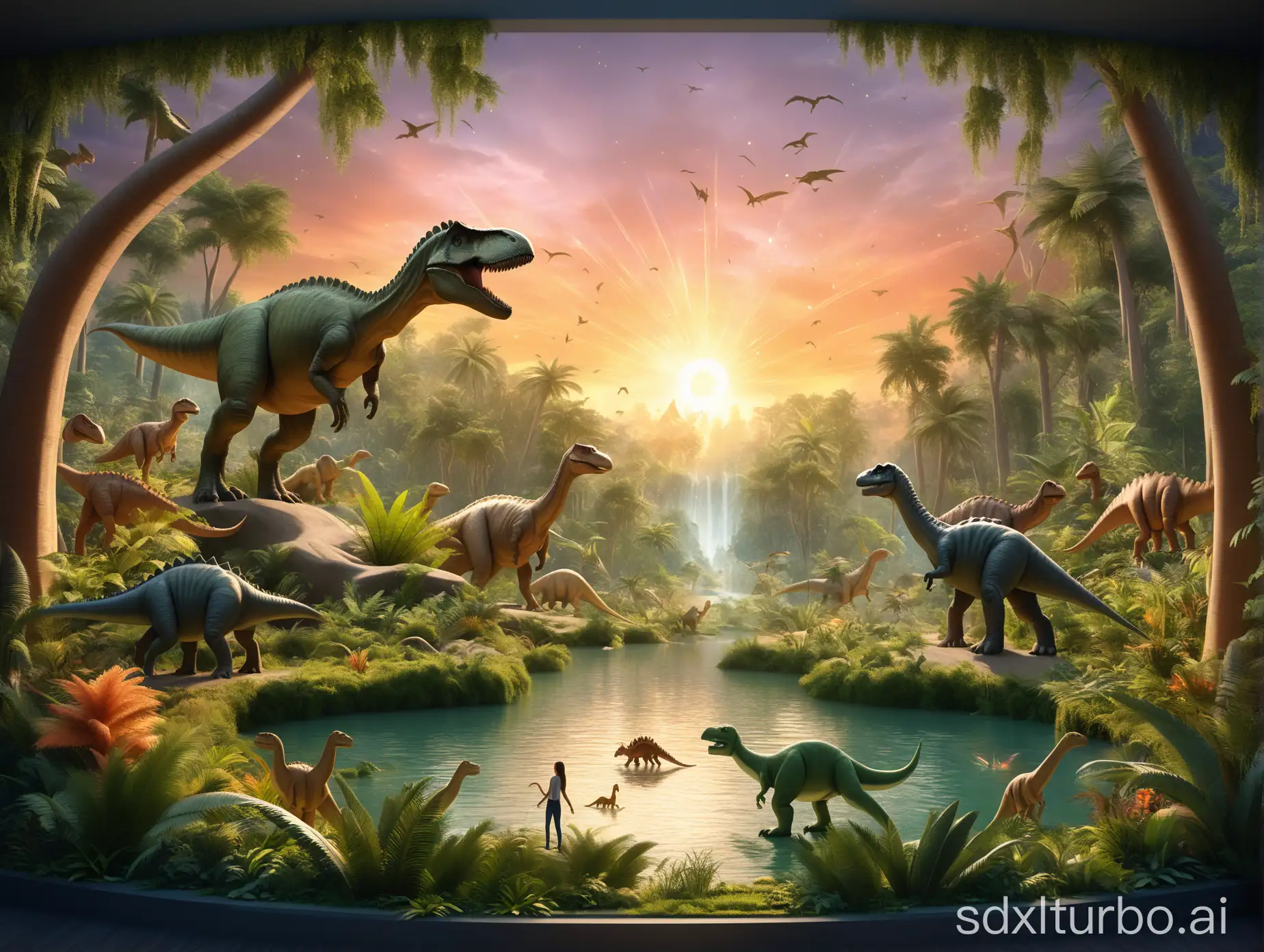 A captivating, cinematic scene of a lush, vibrant forest where dinosaurs, humans, and animals coexist peacefully, with no humans in sight. The dinosaurs display intricate details that showcase their natural splendor, and the background features a breathtaking sunset with a golden sky radiating warmth and serenity. The foreground is filled with lush greenery, a winding river, and a diverse range of flora and fauna. The composition exudes harmony, magic, and awe, providing a visually stunning and immersive experience. This masterpiece skillfully blends illustration, photography, and 3D rendering, featuring a poster-like design and a 16:9 aspect ratio, resulting in a visually engaging and dynamic display., cinematic, 3d render, typography, photo, illustration, poster