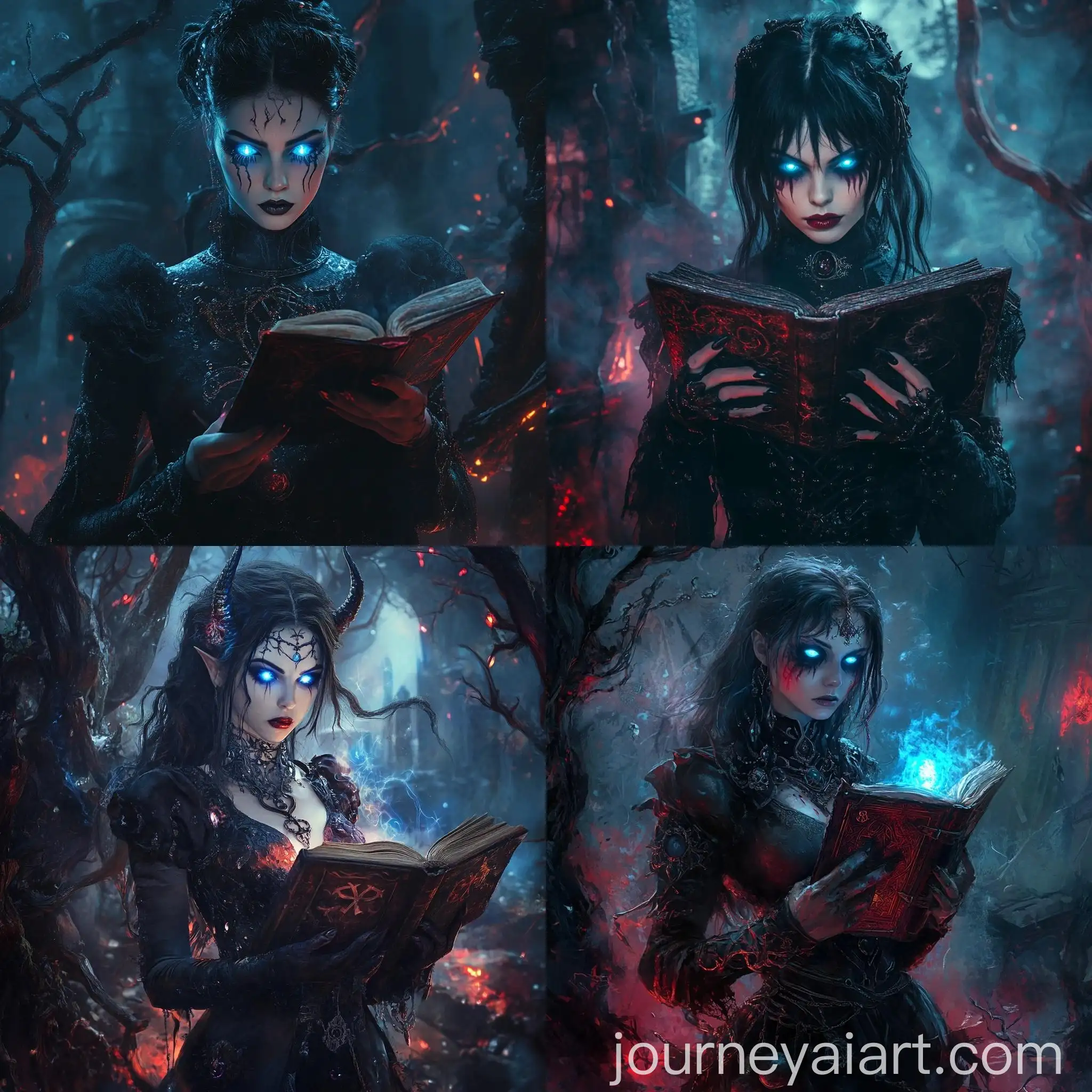 Gothic-Demon-Woman-Holding-Ancient-Magical-Book-in-Sinister-Environment