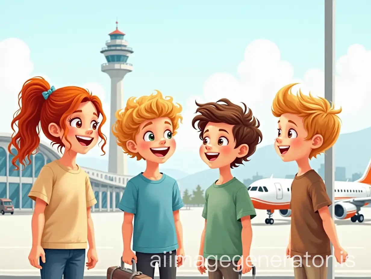 Four-Children-Excitedly-Talking-at-the-Airport