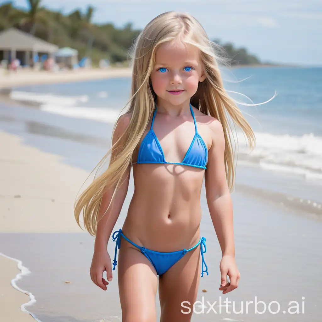 Joyful-6YearOld-Girl-in-Blue-Bikini-Playing-on-the-Beach