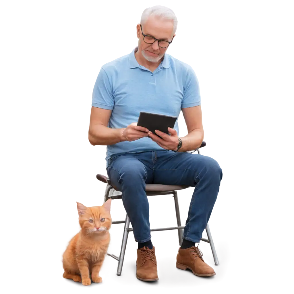 A-Man-with-a-Tablet-and-Red-Kitten-HighQuality-PNG-Image-for-Versatile-Use