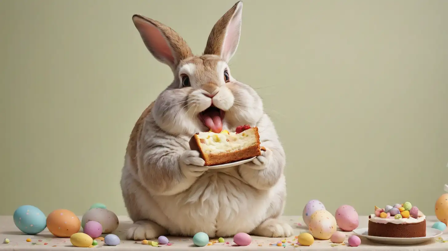 Plump Easter Bunny Enjoying a Slice of Festive Cake