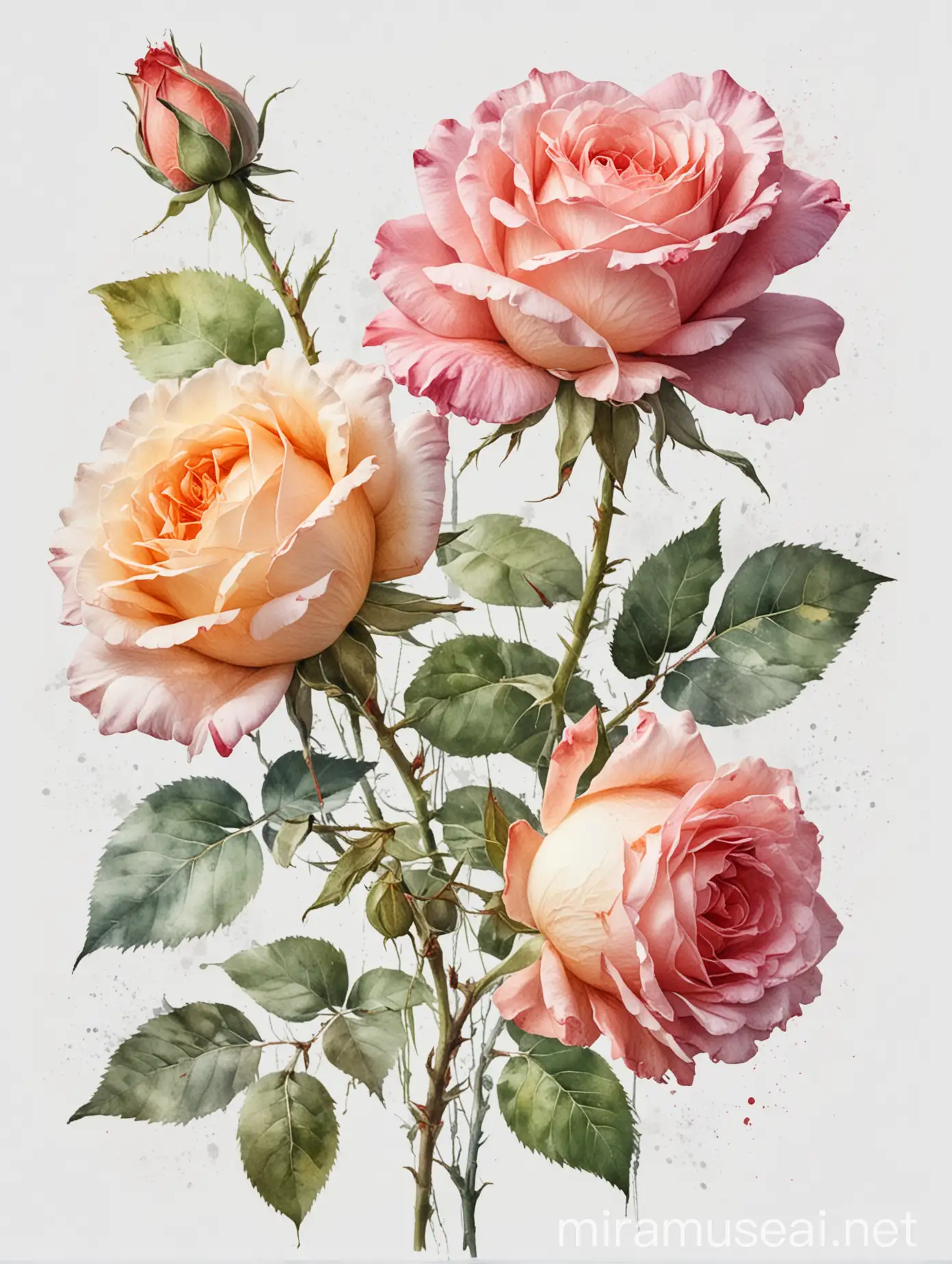 Watercolor Roses on White Background