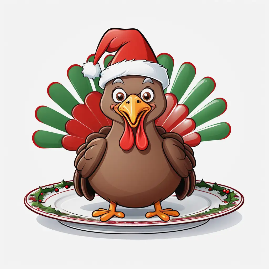 Cartoon Turkey on a Christmas Plate Wearing a Santa Hat