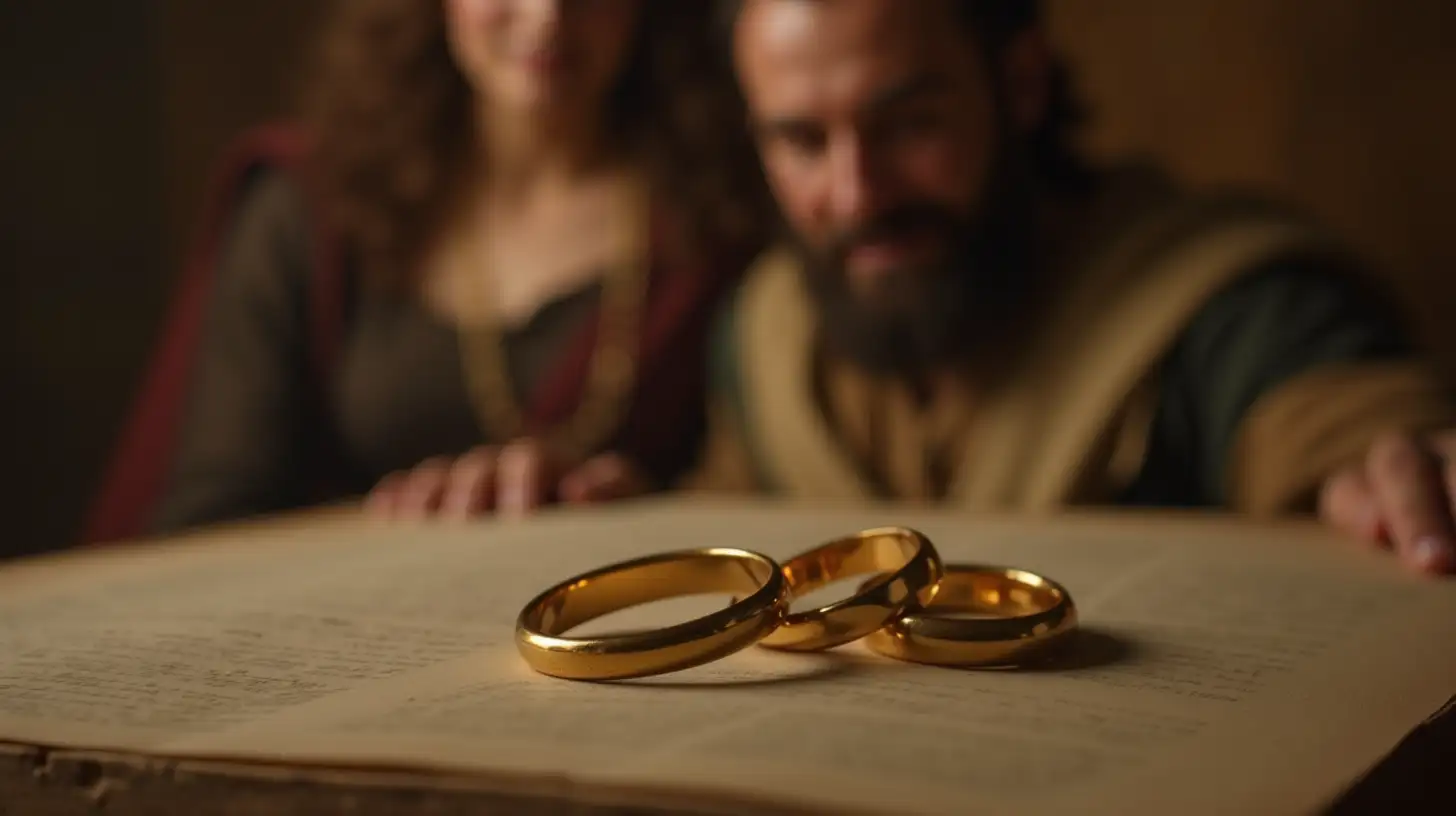 Biblical Era Wedding Rings on Old Table with Blurry Couple