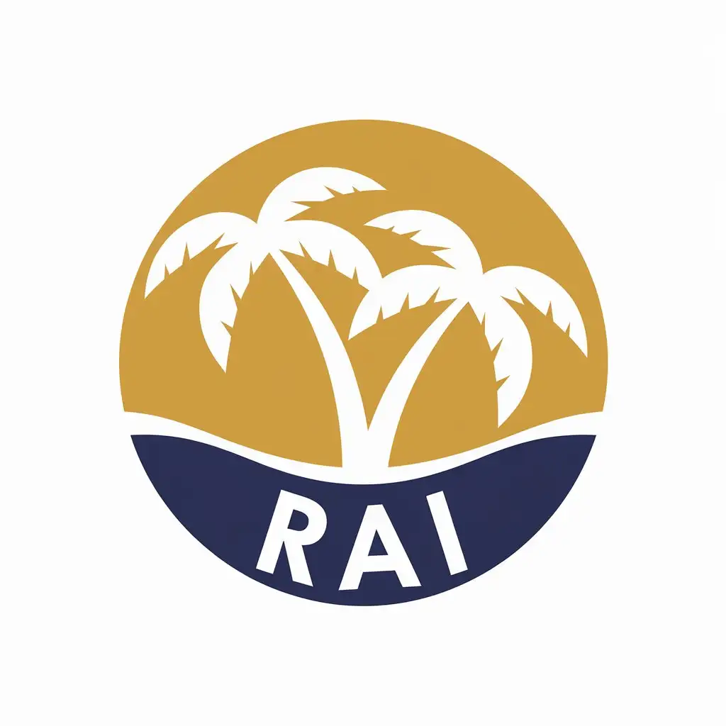 LOGO Design For RAI Tropical Paradise with White Palm Trees and Yellow Sun on White Background