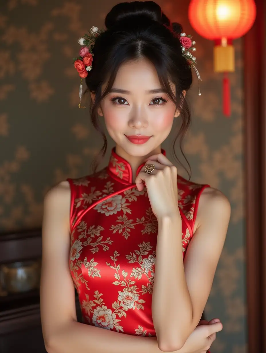 Elegant-Young-Woman-in-Chic-Cheongsam-Posing-for-Photo-Shoot-with-Headpiece