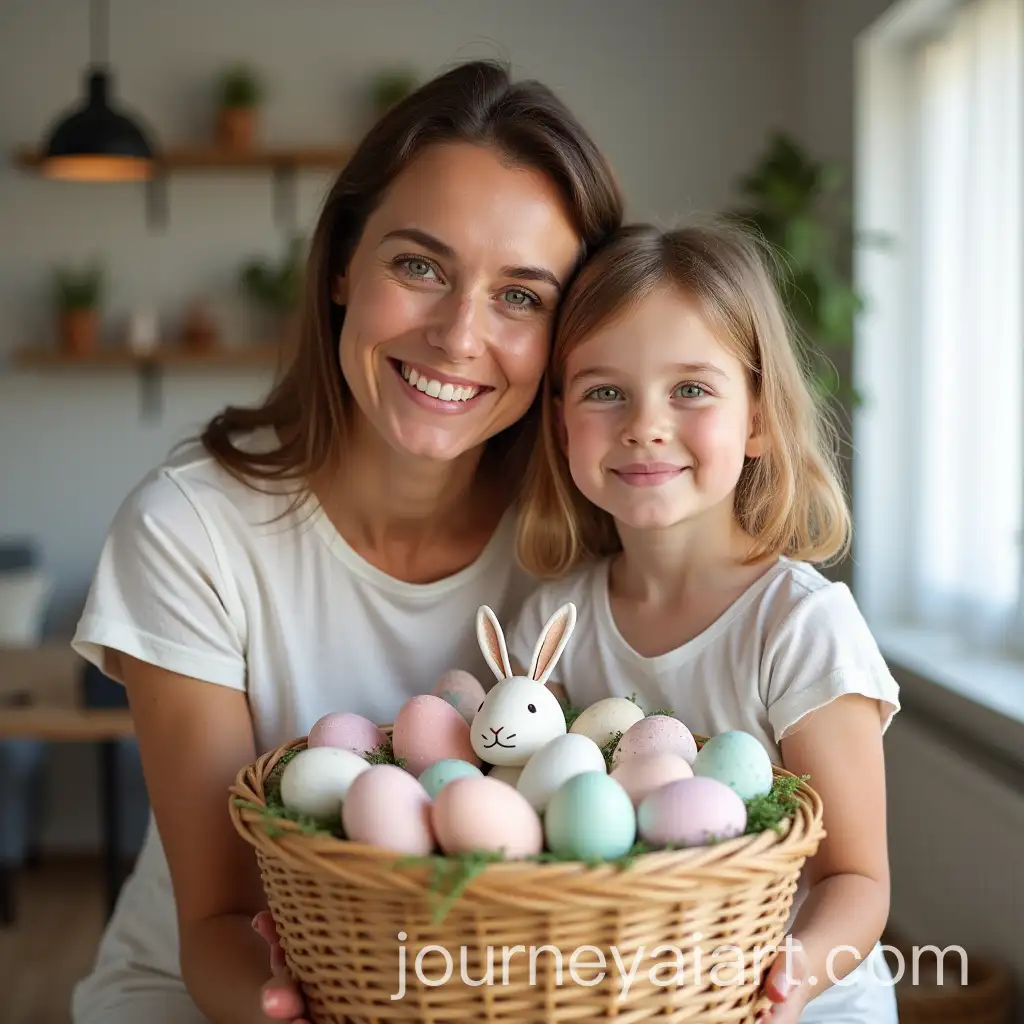 Happy-Woman-and-Child-Holding-Easter-Basket-with-Eggs-and-Detergents-in-Home-Interior