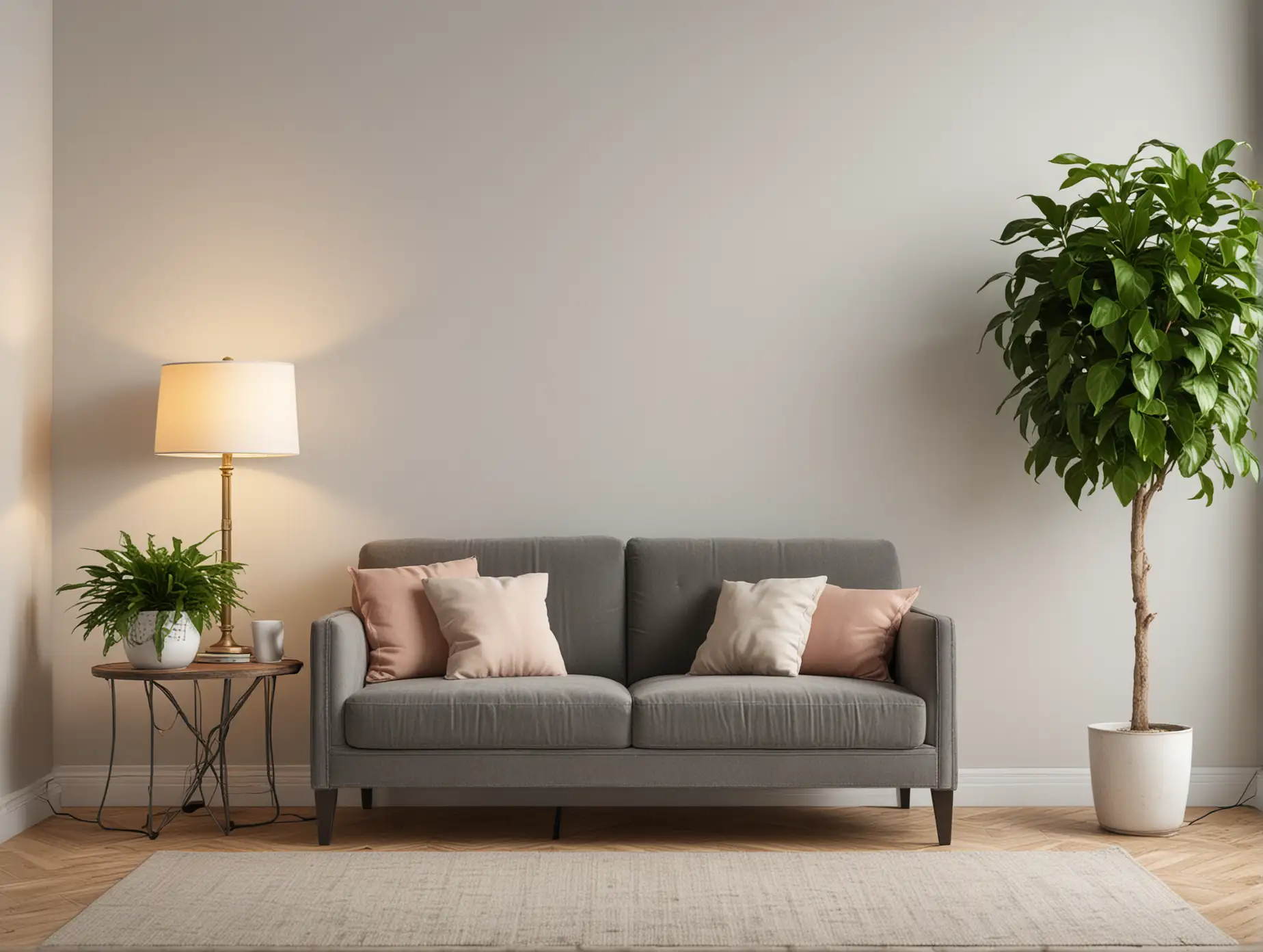 blank wall with loveseat lamp table plant magazine