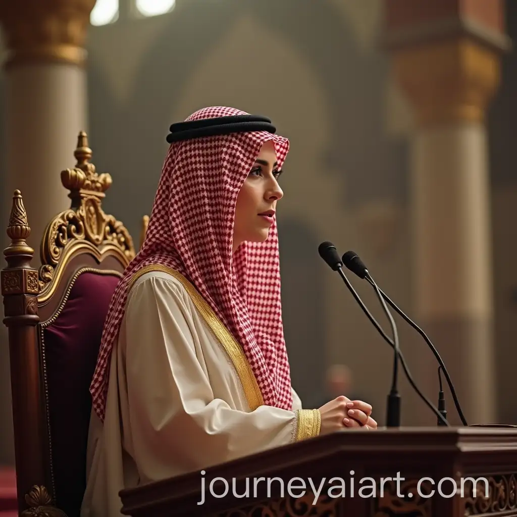 Female-Sheikh-in-Saudi-Traditional-Menswear-Giving-Speech-from-Throne-in-Mosque