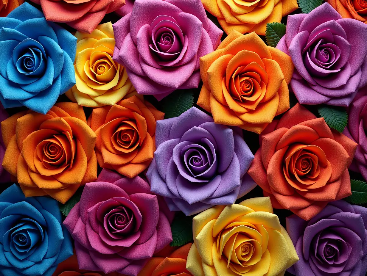 Create an image of a vibrant and colorful array of roses. The roses should be in a variety of colors including blue, purple, orange, yellow, and pink. Each rose should have a detailed and realistic appearance, with intricate petal arrangements and subtle shading to give a three-dimensional effect. The overall composition should be dense, with the roses closely packed together, creating a visually striking and harmonious pattern. The image should evoke a sense of beauty and diversity through the use of bold and vivid colors.. BLACK AND GLITTER ART