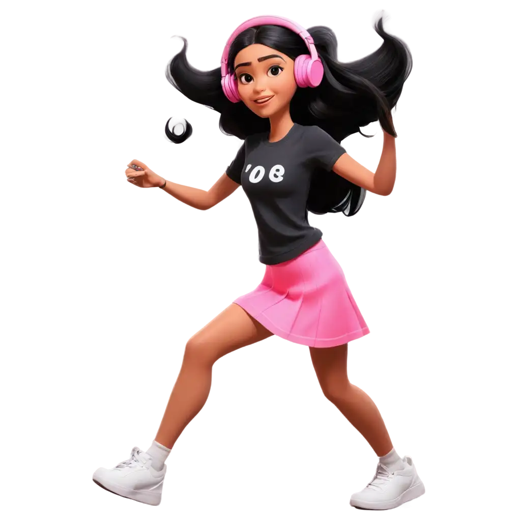 Pixar-Style-PNG-Image-of-a-Girl-Dancing-with-Headphones-and-Neon-Pink-Skirt