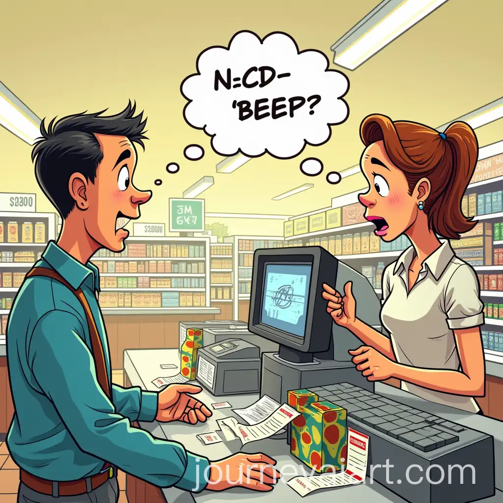 SurrealAI-Image-Prompt-Expansion-Supermarket-Checkout-with-Invisible-Products-and-Confused-Cashier
