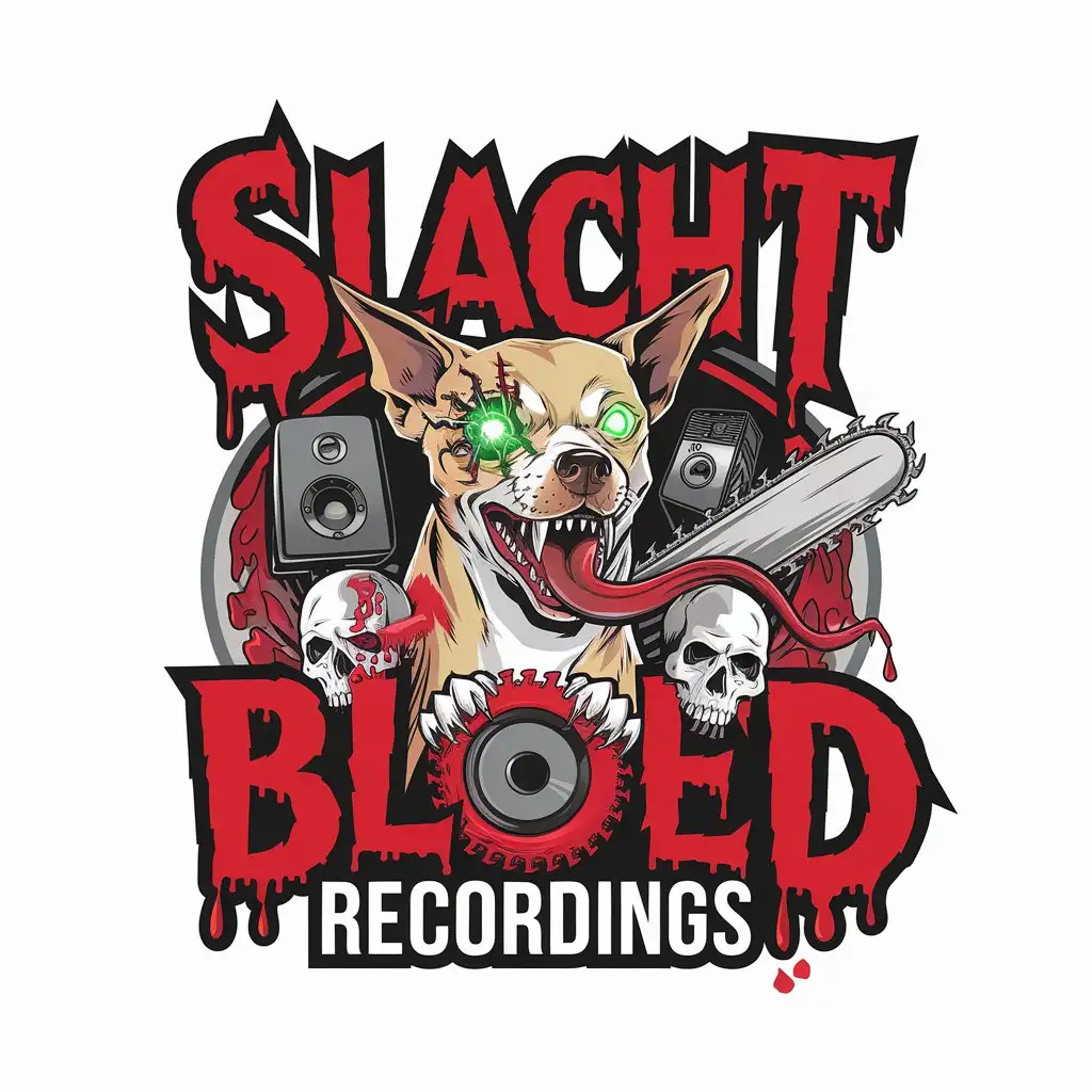 LOGO Design for Slacht Bloed Recordings Aggressive Chihuahua Chainsaw Skulls and Cyber Eyes with Speaker O Element