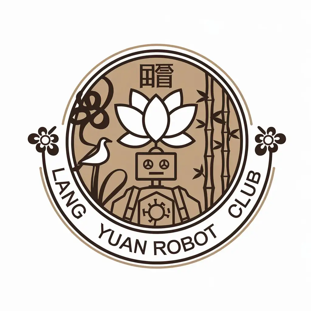 a vector logo design,with the text "LANG YUAN  ROBOT CLUB", main symbol:Lotus, robot, seagull, bamboo,Moderate,be used in Education industry,clear background