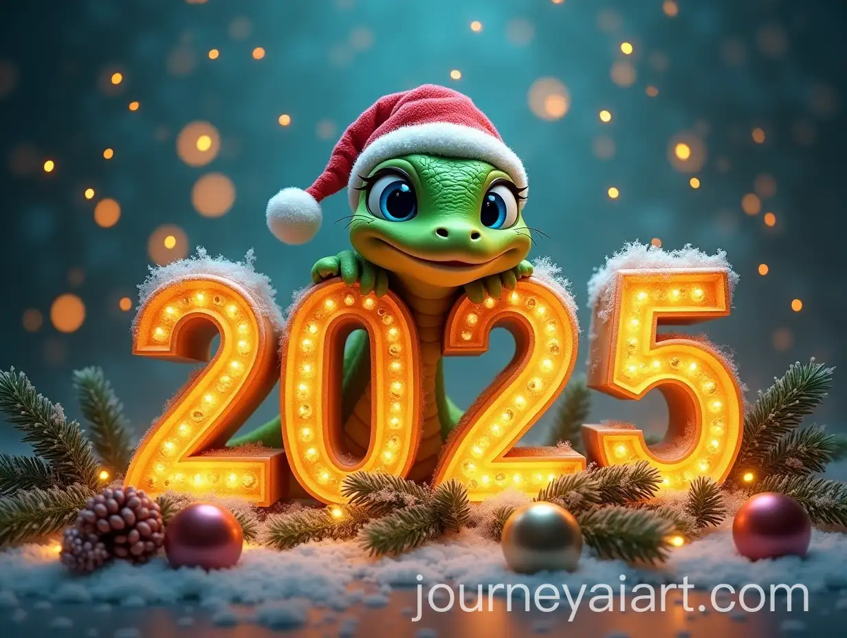 Golden-2025-Numbers-with-Cute-Green-Serpent-in-Santa-Hat-and-Fireworks