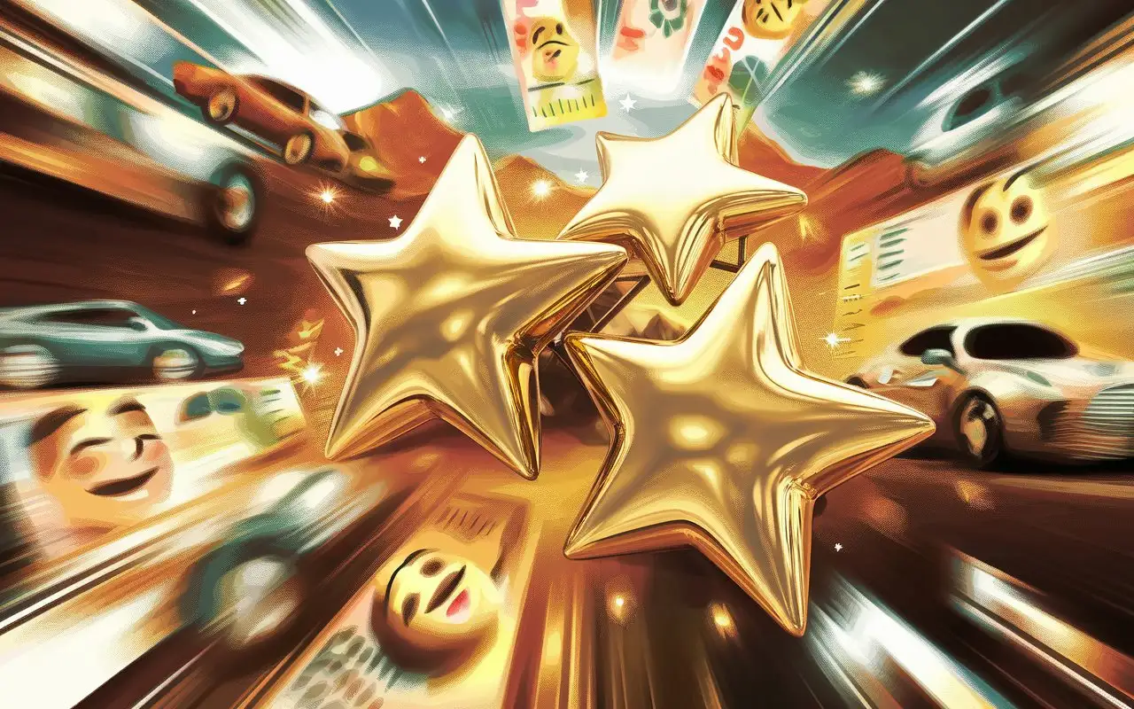 create a 3d illustration of 3 big golden stars and background should containg cars , mountains, happy faces, money and background should be blurred and focus should be on the 3 big golden stars.