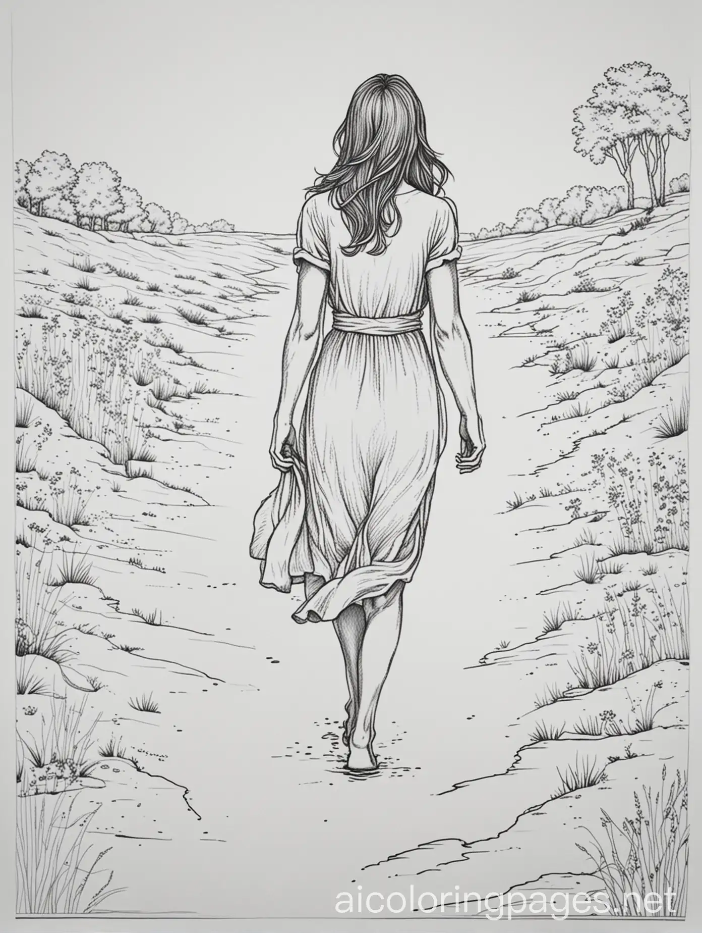 Woman-Walking-Away-in-the-Woods-Simple-Coloring-Page-for-Kids