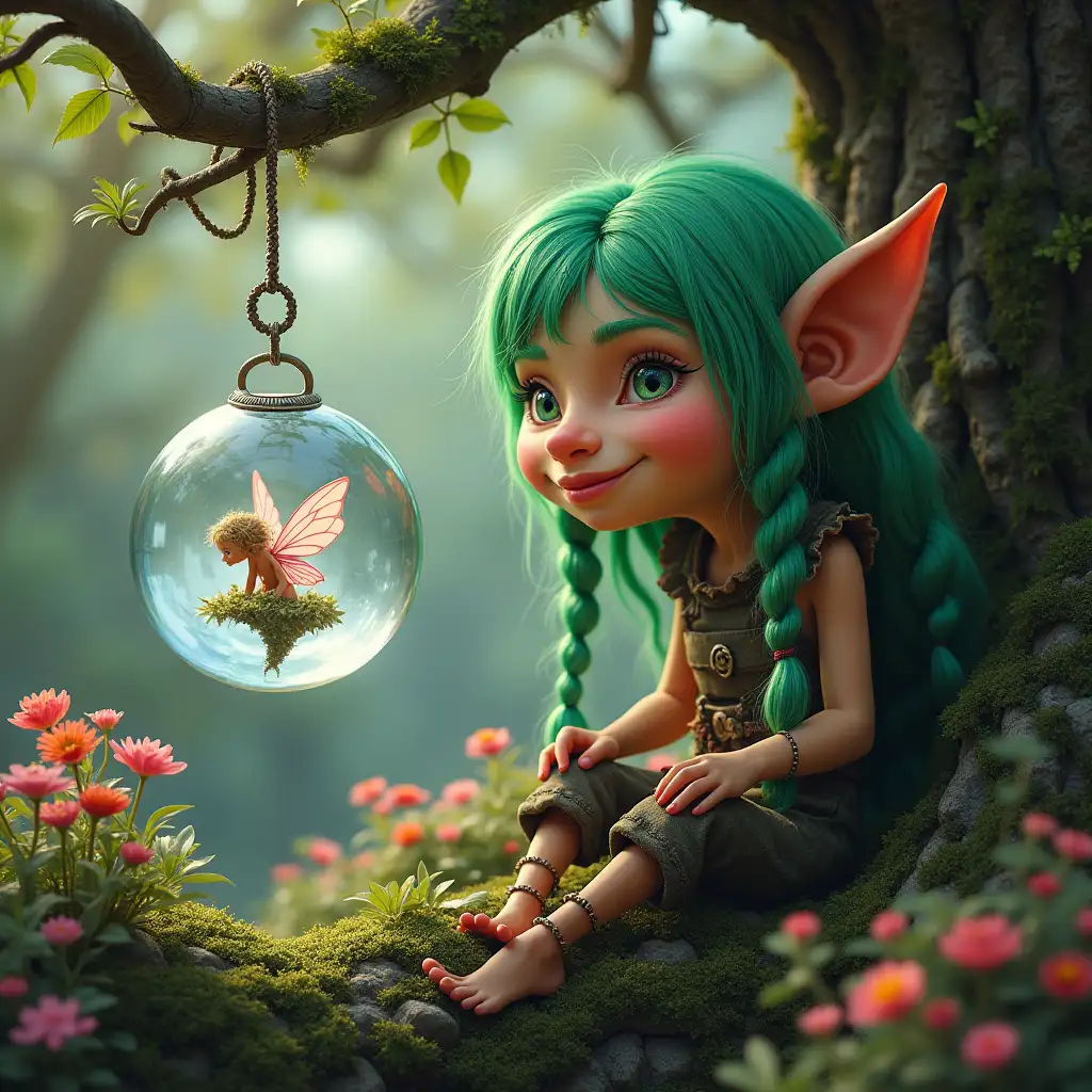 Highly detailed hyperrealistic portrait of a troll with green braids sits with a fairy in a crystal ball hanging in a dreamlike big treehouse on a large branch with intricately detailed, colorful plants in the background