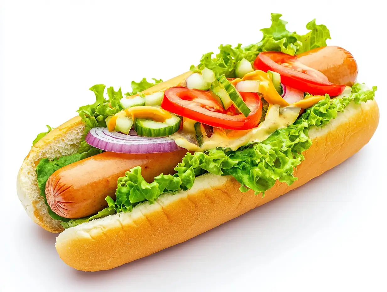 Freshly-Prepared-Hot-Dog-with-Lettuce-Tomato-and-Purple-Onion-on-White-Background