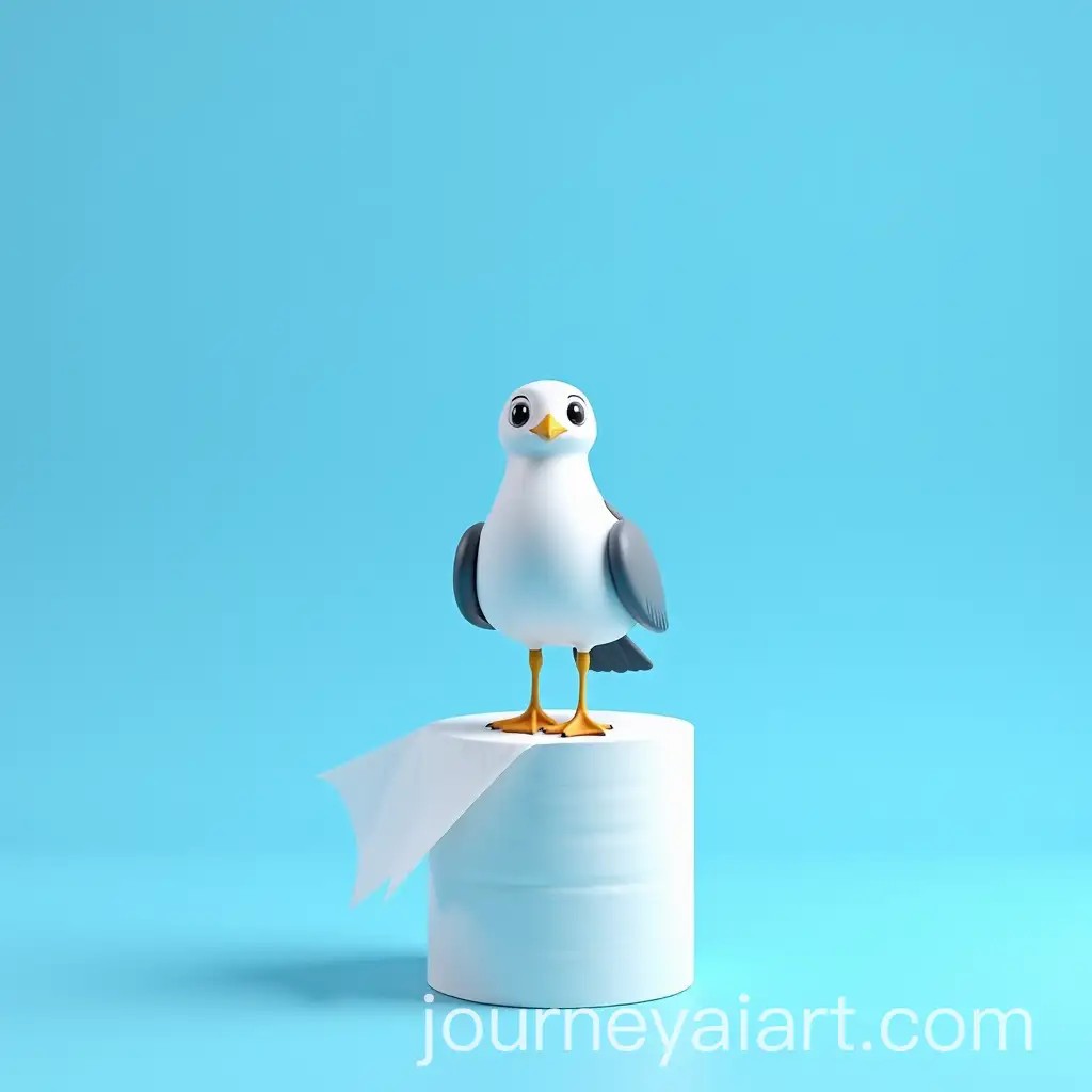 Bright-Seagull-Standing-on-White-Toilet-Paper-Roll-Blue-Background