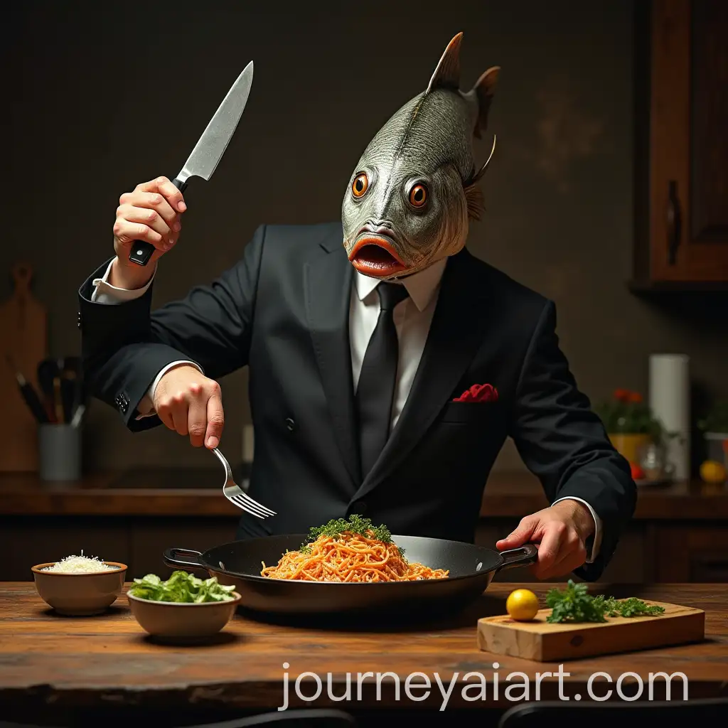 Man-with-Fish-Head-Cooking-Fish-in-Rustic-Kitchen-Scene