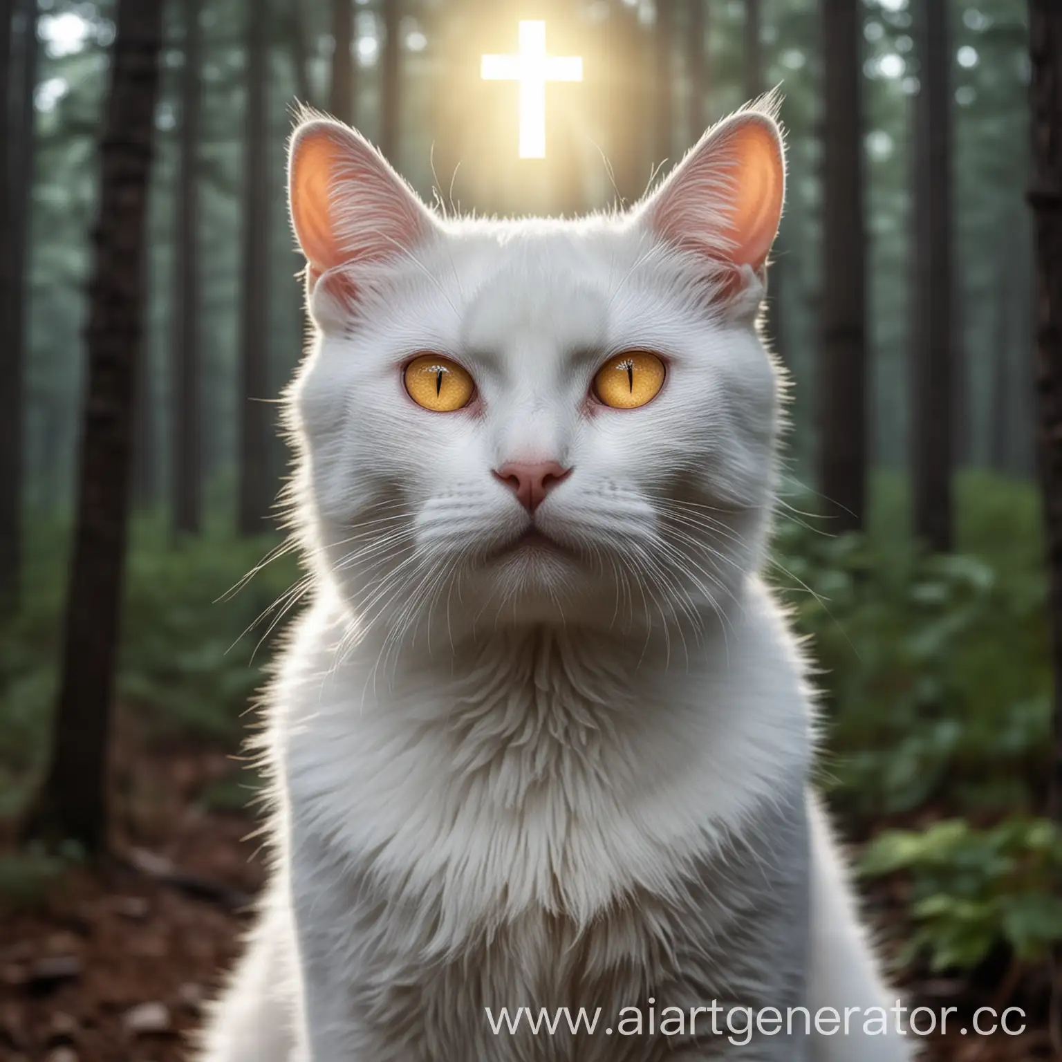 White-Cat-with-Glowing-Cross-on-Forehead-in-Enchanted-Forest