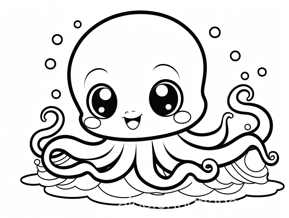 a cute chibi style of a cute little happy baby octopus in ocean, Coloring Page, black and white, line art, white background, Simplicity, Ample White Space. The background of the coloring page is plain white to make it easy for young children to color within the lines. The outlines of all the subjects are easy to distinguish, making it simple for kids to color without too much difficulty