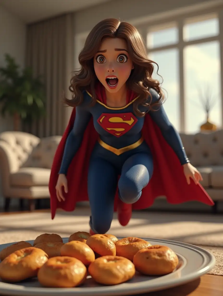 A highly detailed 3D-rendered image of a female superhero resembling Supergirl in an ultra-realistic style. She has long, wavy brown hair and wears a blue bodysuit with a red cape and golden accents, including the iconic 'S' emblem on her chest. Her facial expression shows shock and surprise as she kneels in mid-air, reacting to a plate full of samosas that have spilled onto the floor. The samosas are golden-brown, crispy, and scattered across a modern, well-lit living room with elegant furniture, soft lighting, and realistic textures. The scene is dynamic, with subtle motion blur to emphasize movement. Rendered in 4K ultra-high resolution, with cinematic lighting and lifelike details.