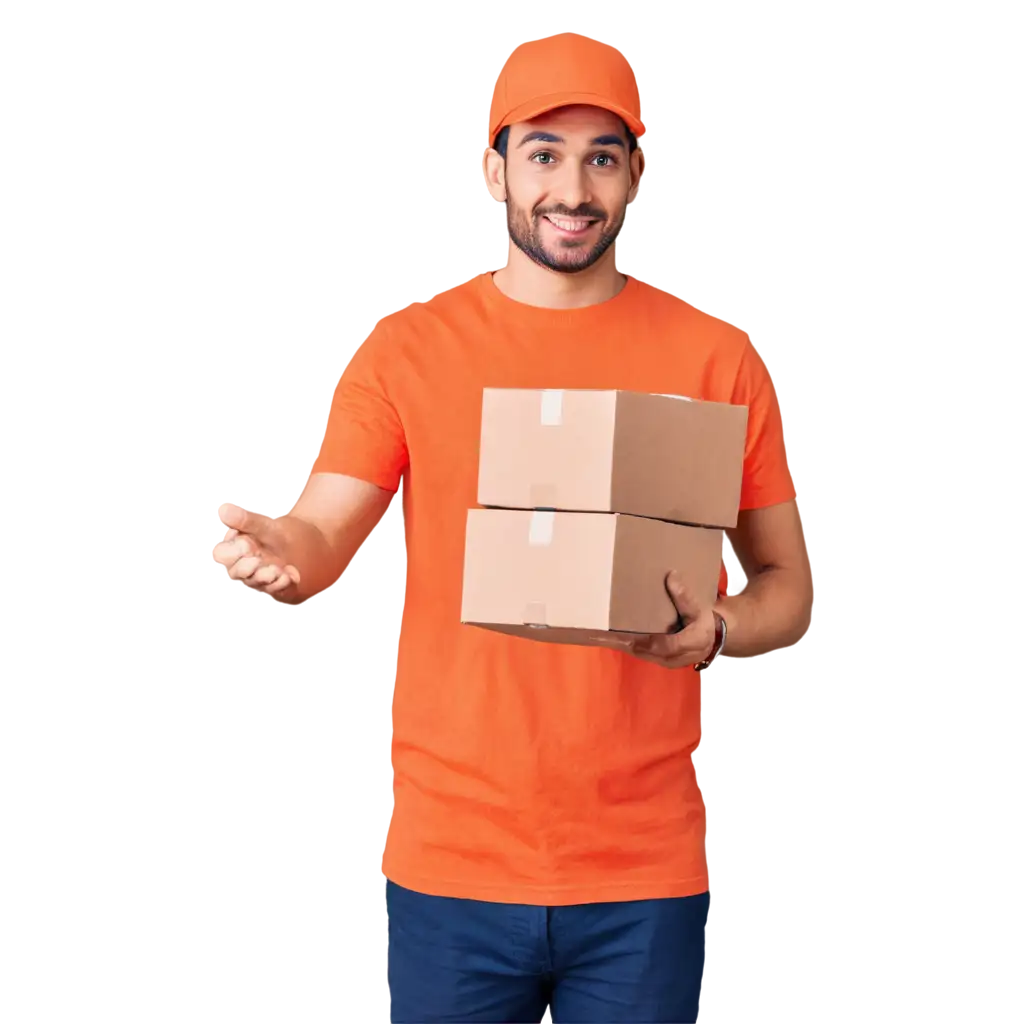 Delivery-Man-Holding-Parcel-in-Orange-Attire-HighQuality-PNG-Image-for-Versatile-Applications