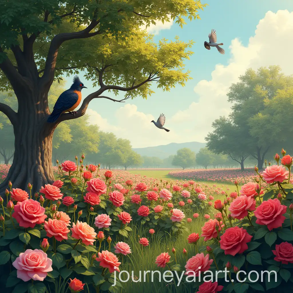 Vibrant-Rose-Garden-with-Blooming-Lilies-and-Birds