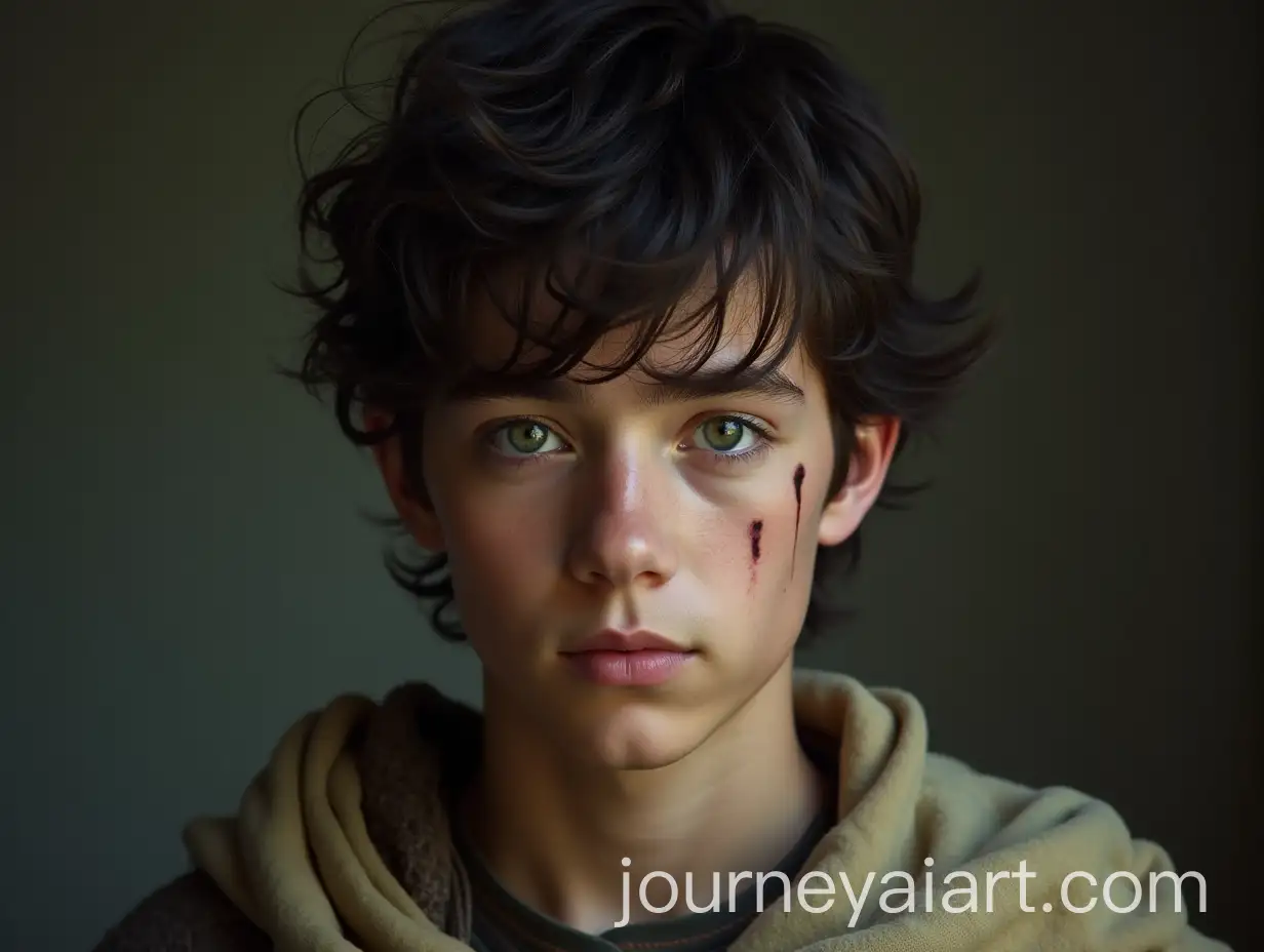 Young-Man-with-Dark-Hair-and-Green-Eyes-in-Royal-Tunic-Bearing-Grief-and-a-Scar