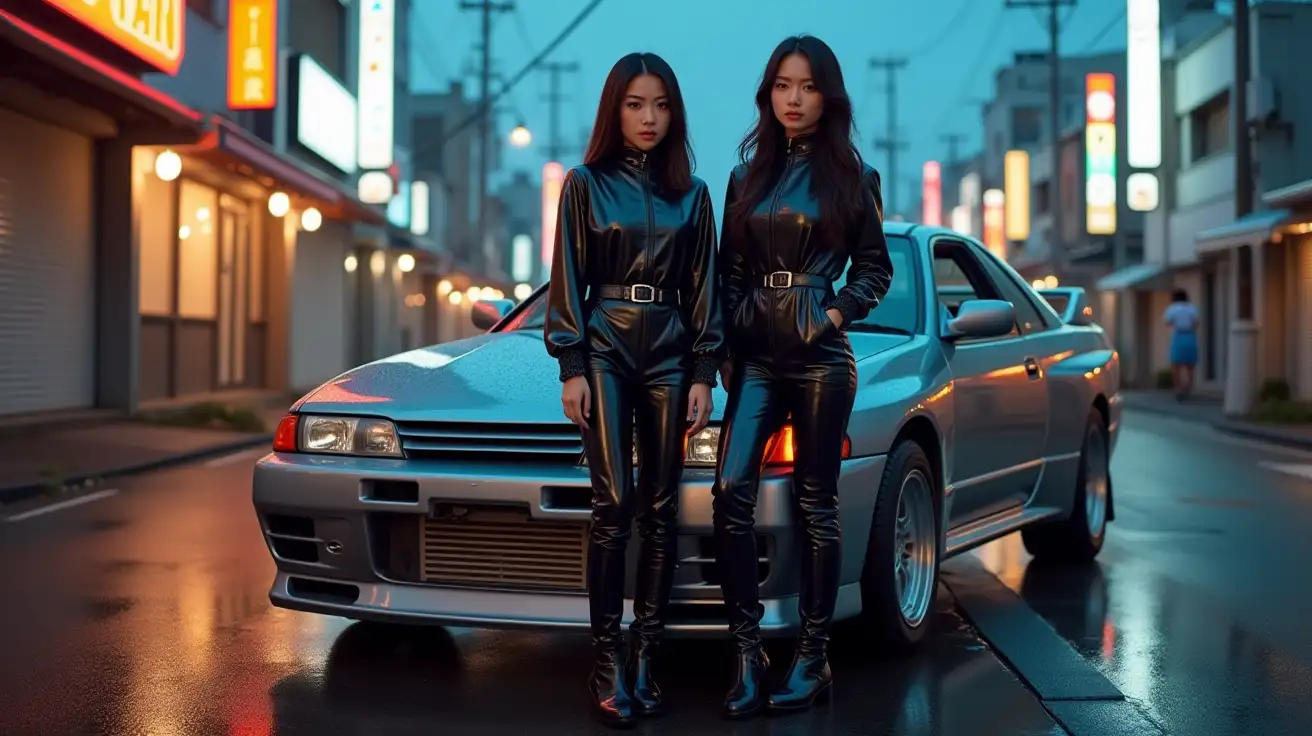 Two-Asian-Women-in-Shiny-PVC-Jumpsuits-on-Japanese-Street-at-Dusk-with-Nissan-R32