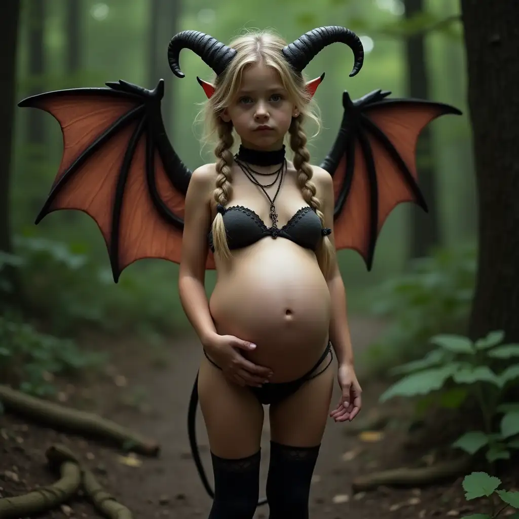Whole body visible photograph of a young winged demon girl with braided hair wearing stockings a tiny thong and a choker necklace in the forest with a huge pregnant belly