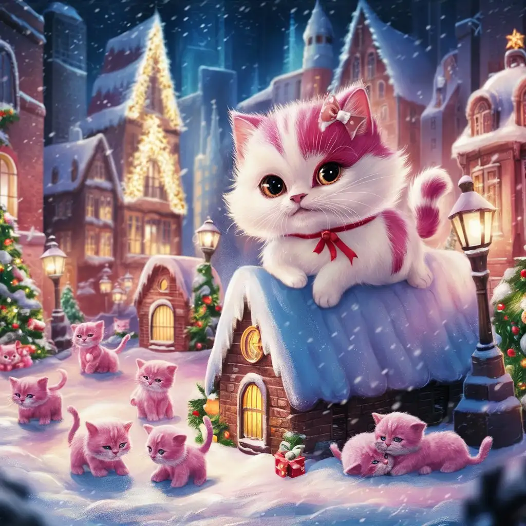 a cute white and pink color cat in the frozen city make it as a christmas wallpaper ( add more light and bright also make some kittens should be same coolor