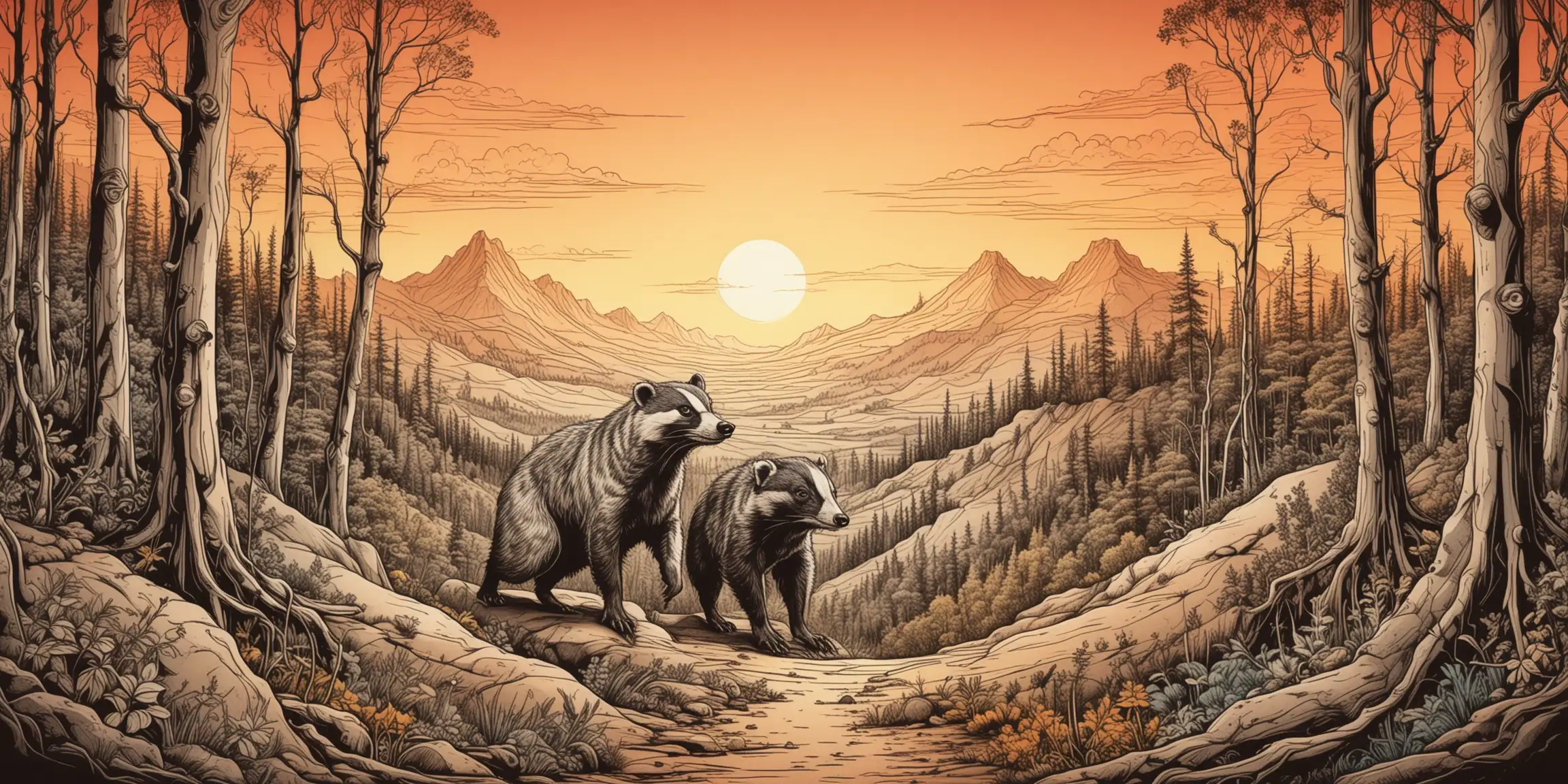 Surreal Badger in a Mountain Forest at Sunset