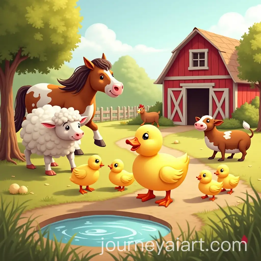 Cheerful-Farmyard-Scene-with-Ducks-Sheep-and-Horses-for-Childrens-Book