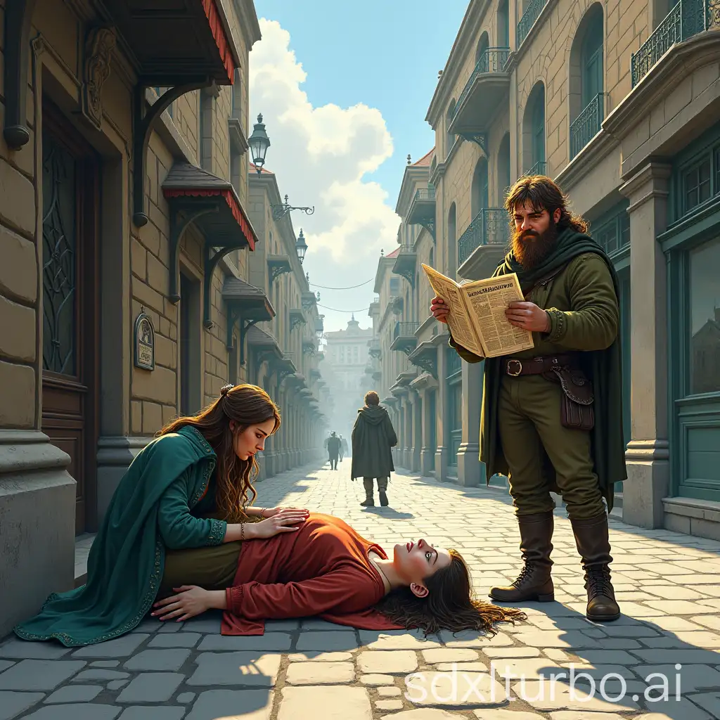 Grodlan-City-Street-Scene-Princess-Sara-Fainting-on-Sidewalk-with-Elf-Girl-Melea-and-Shocked-Adventurers