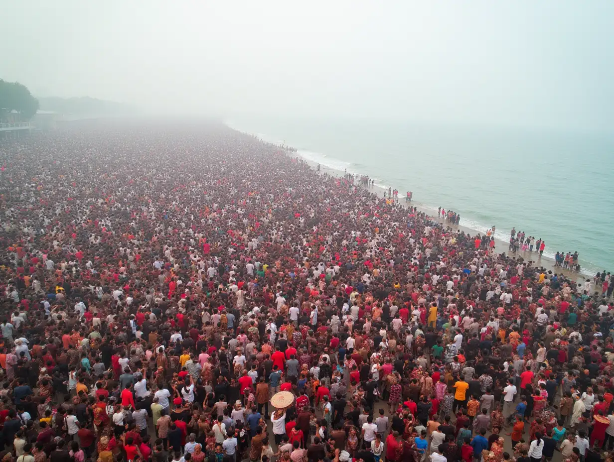 A dense crowd of millions, stretching as far as the eye can see, participating in rituals and ceremonies near the water.