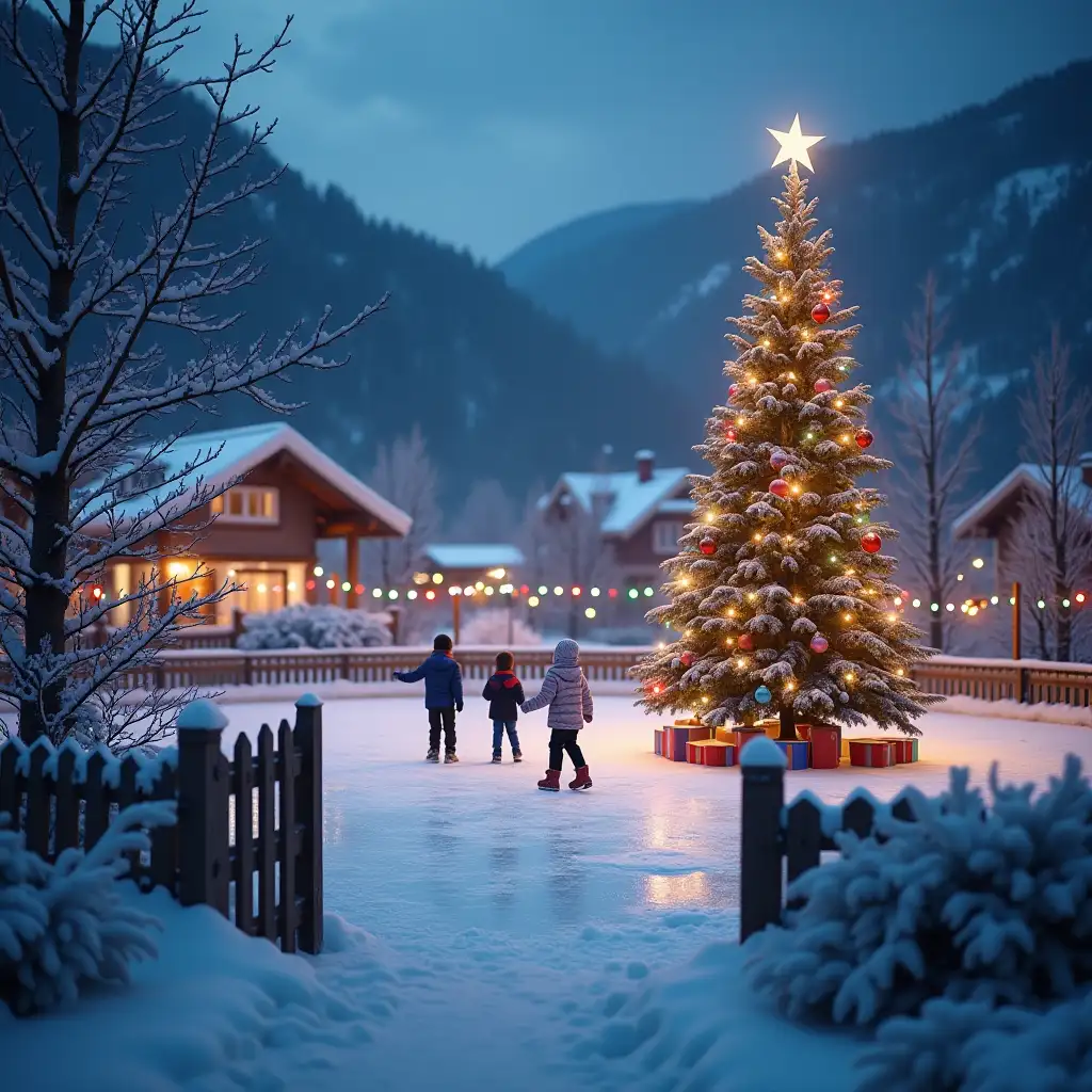 evening ice rink in a mountain village with a decorated tree and three children on the ice, fenced off by a New Year's fence with multicolored lights, gate in the foreground, background significantly blurred