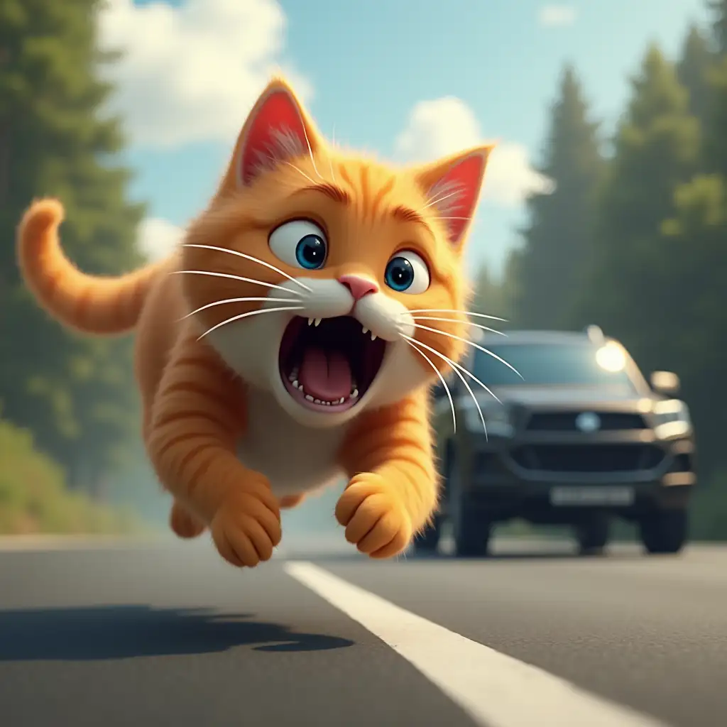 Big ginger cat, one blue eye, second yellow eye, ear piercing rings, runs away in fear along the road, chased by a scary black SUV, computer graphics style