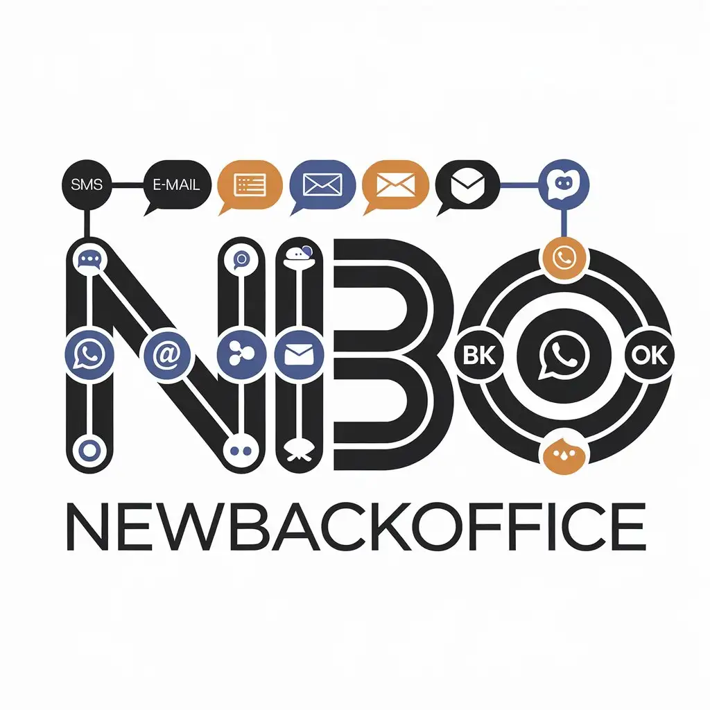 a vector logo design,with the text "NewBackOffice", main symbol:Symbols: SMS logo, E-mail logo, Push notifications logo, Viber logo, WhatsApp logo and VK/OK logo, which organize a chain inside the word NBO,complex,be used in Technology industry,clear background