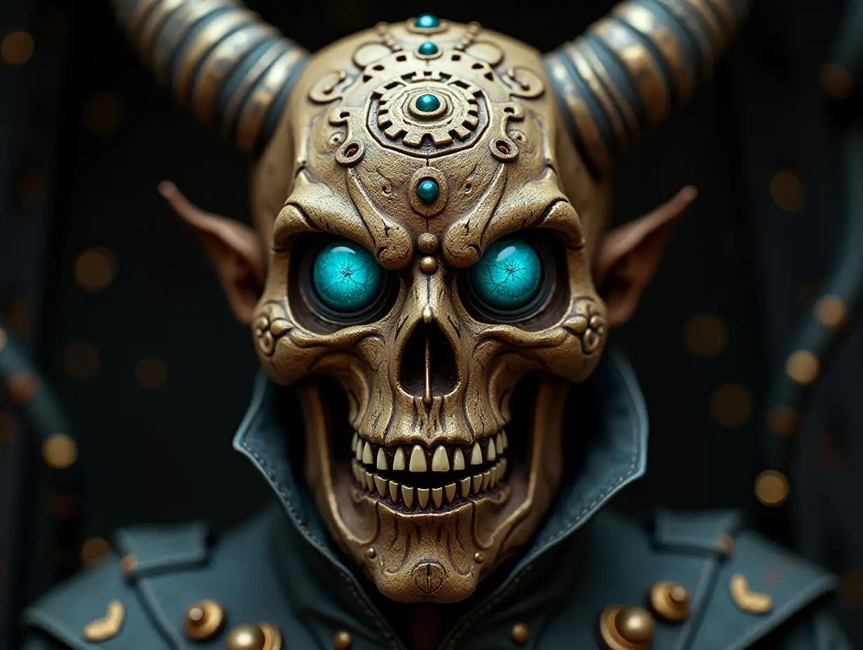 Cyber Totenkopf with glass eyes, Wood head with golden ornaments Mythological 75 mm Capture