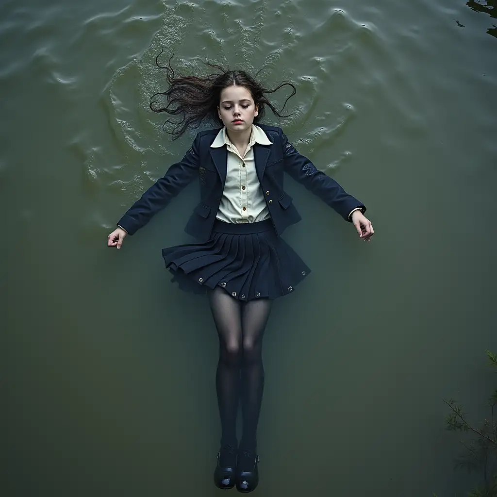 A young schoolgirl in a school uniform, in a skirt, jacket, blouse, dark tights, high-heeled shoes. She is swimming in a dirty pond, lying underwater, all her clothes are completely wet, wet clothes stick to her body, the whole body is underwater, submerged in water, under the surface of the water, below the water's edge.