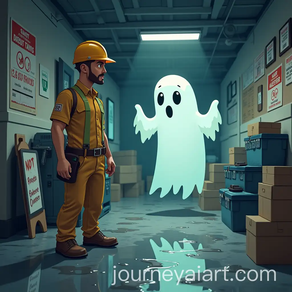 Worker-Navigating-Wet-Floor-with-Halloween-Ghost-at-Workplace