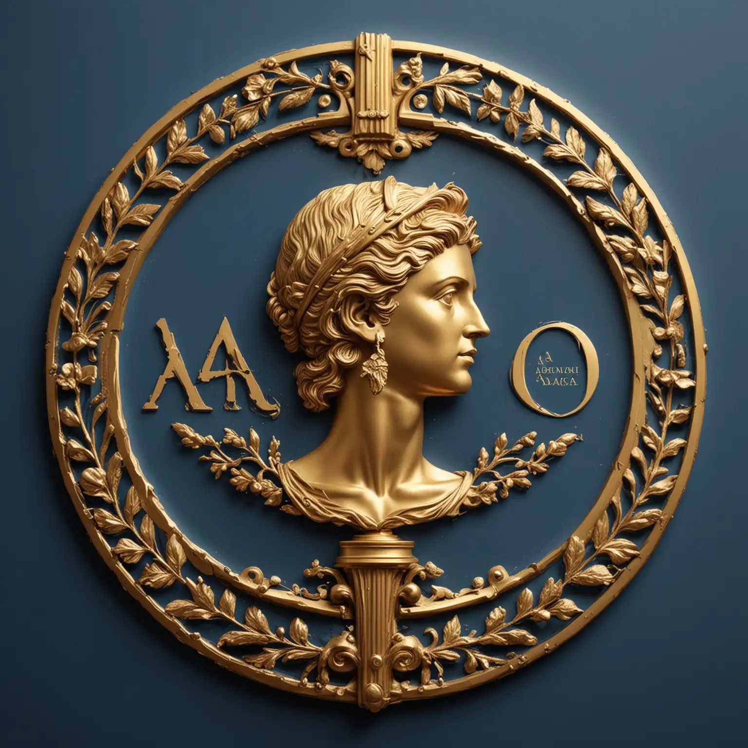 prompt for a ADACH logo, name Academia de Arte, Cultura e História. Golden, looking like gold with blue background, modern and futuristic style and metallic with image of Greek academy