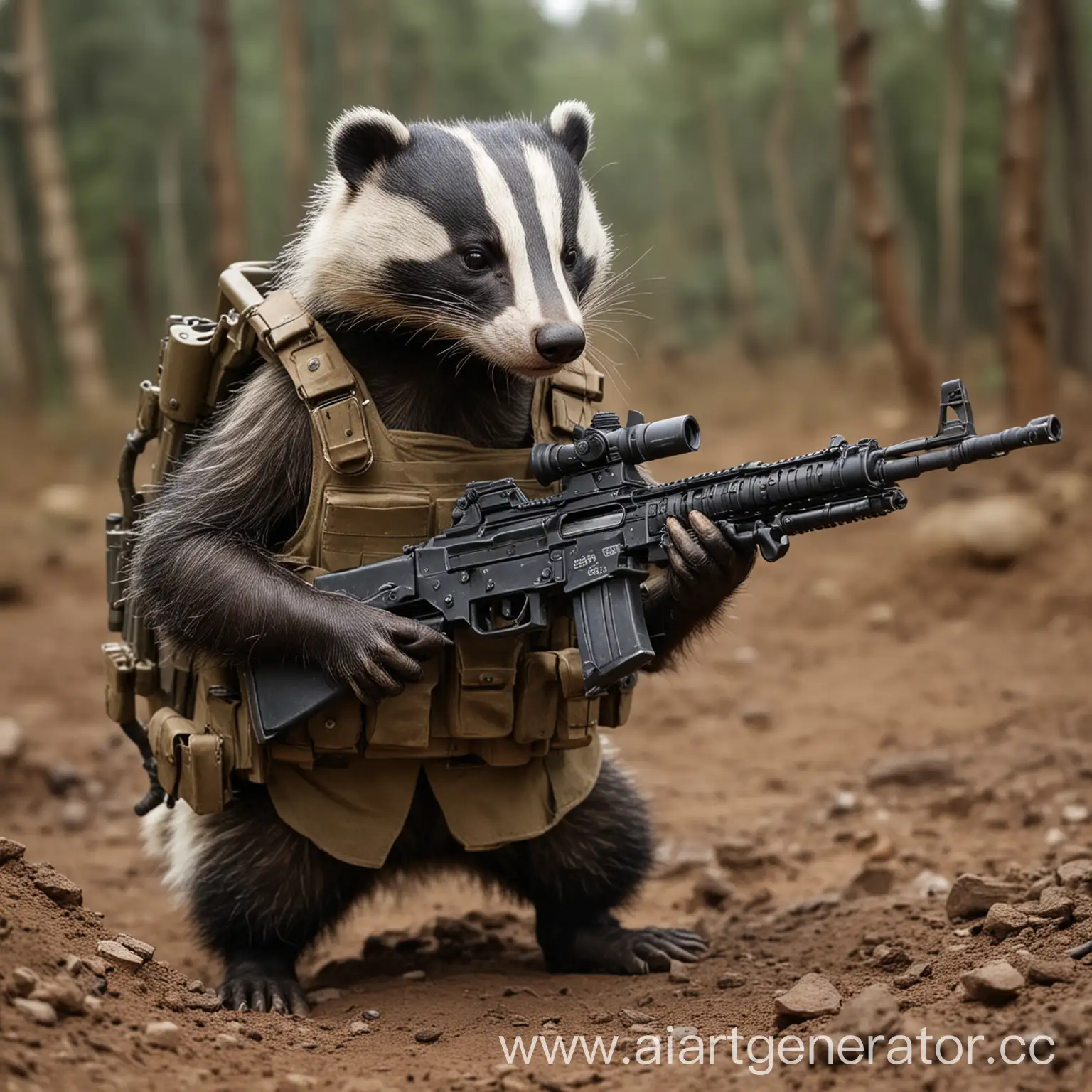 Badger-Holding-a-Machine-Gun-in-Forest-Setting