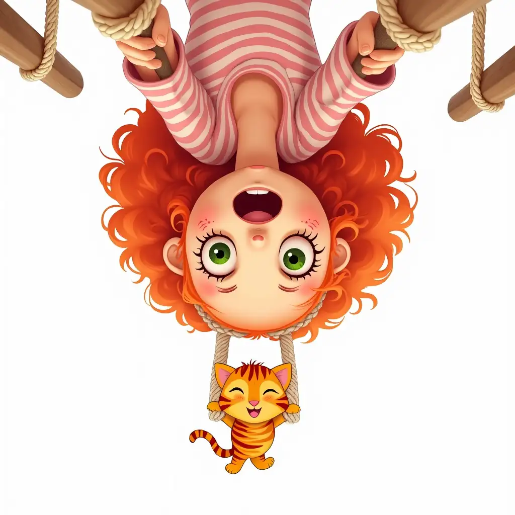 Joyful-Girl-with-Red-Hair-and-Kitten-Hanging-Upside-Down-in-Playful-Playground